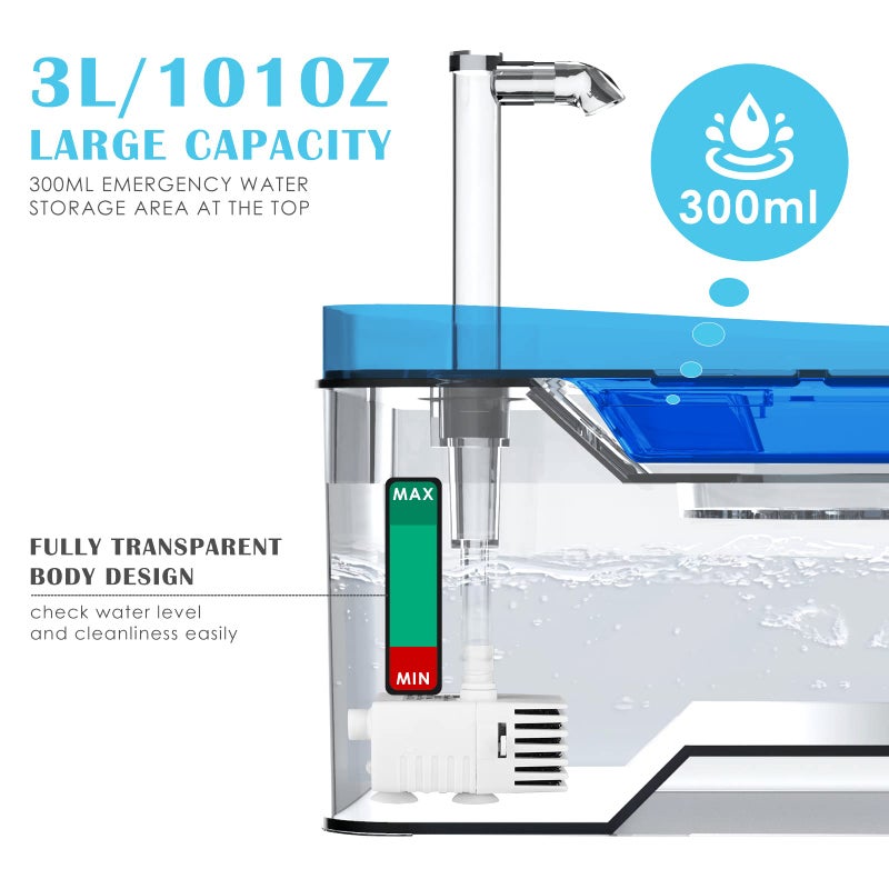 PETNF Blue Pet Water Fountain, 101oz/3L Automatic Cat and Dog Water Dispenser with LED Light, Ultra Quiet Pump, 3 Flow Settings & 2 Filters - Image 5